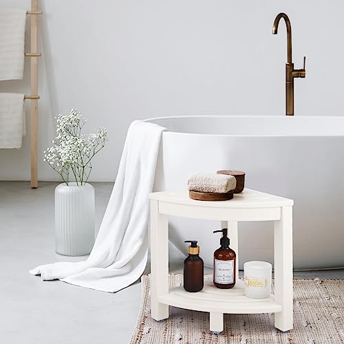 White Corner Shower Stool with Storage Shelf