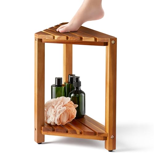 BLUEWEST Wooden Corner Shower Stool with Storage Shelf