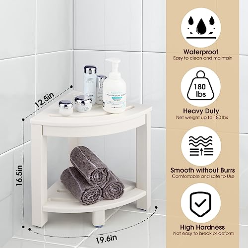 White Corner Shower Stool with Storage Shelf