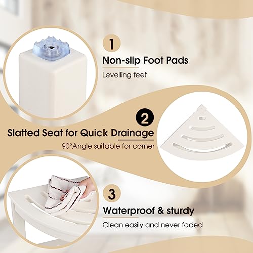 White Corner Shower Stool with Storage Shelf