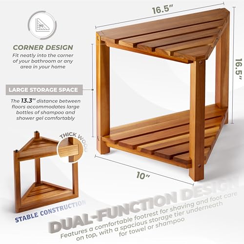 BLUEWEST Wooden Corner Shower Stool with Storage Shelf