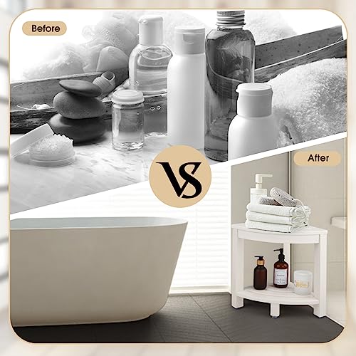White Corner Shower Stool with Storage Shelf