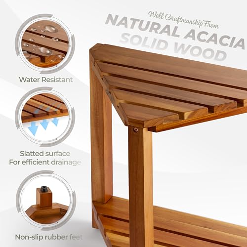 BLUEWEST Wooden Corner Shower Stool with Storage Shelf