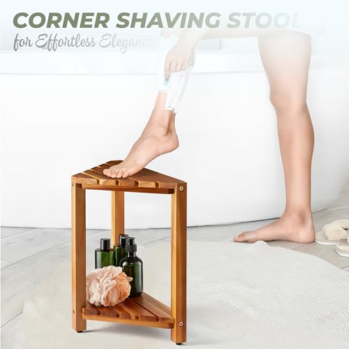 BLUEWEST Wooden Corner Shower Stool with Storage Shelf