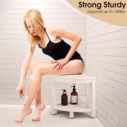 White Corner Shower Stool with Storage Shelf