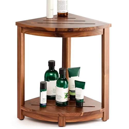 HOLANA Wood Corner Shower Bench & Stool with Storage Shelf