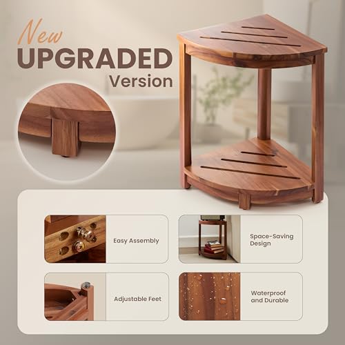 HOLANA Wood Corner Shower Bench & Stool with Storage Shelf