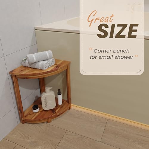 HOLANA Wood Corner Shower Bench & Stool with Storage Shelf