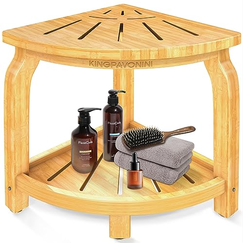 Bamboo Corner Shower Stool with Storage Shelf, Waterproof