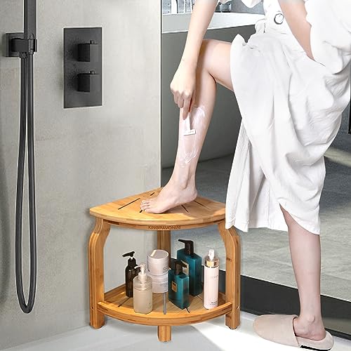 Bamboo Corner Shower Stool with Storage Shelf, Waterproof