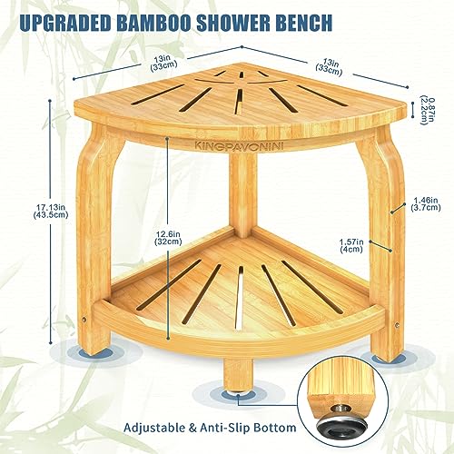 Bamboo Corner Shower Stool with Storage Shelf, Waterproof