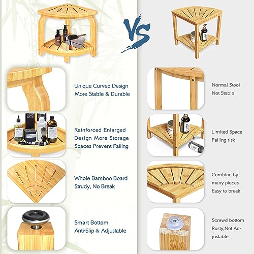 Bamboo Corner Shower Stool with Storage Shelf, Waterproof