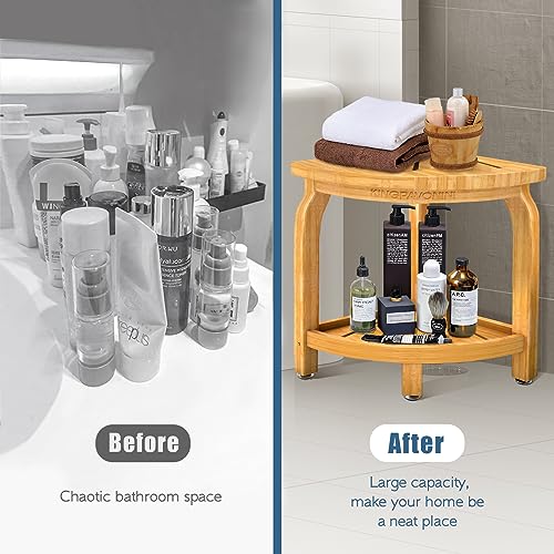 Bamboo Corner Shower Stool with Storage Shelf, Waterproof