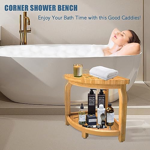 Bamboo Corner Shower Stool with Storage Shelf, Waterproof