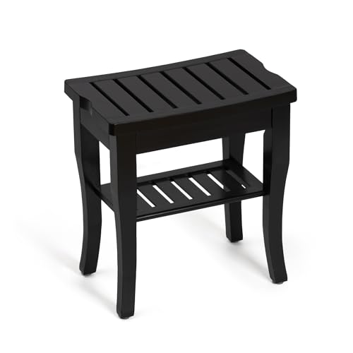 Black Bamboo Shower Bench with Storage Shelf, Waterproof