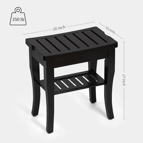 Black Bamboo Shower Bench with Storage Shelf, Waterproof
