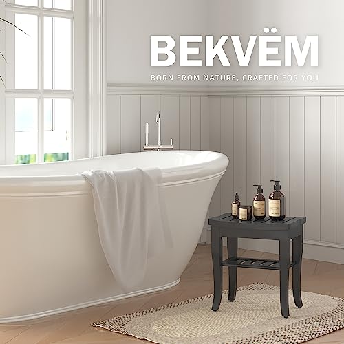 Black Bamboo Shower Bench with Storage Shelf, Waterproof