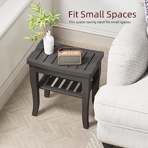 Black Bamboo Shower Bench with Storage Shelf, Waterproof