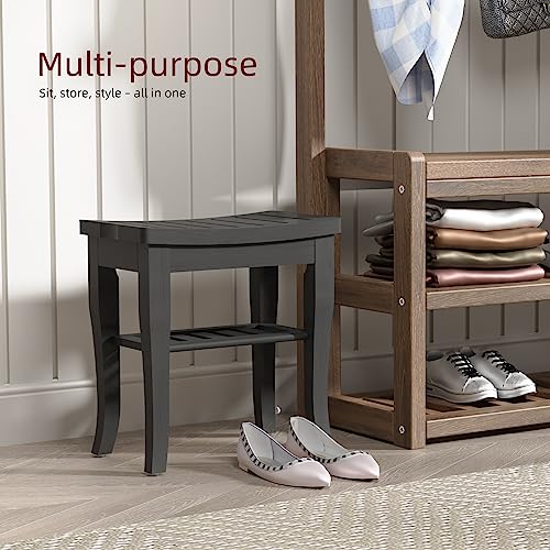 Black Bamboo Shower Bench with Storage Shelf, Waterproof