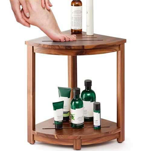Acacia Corner Shower Bench with Storage Shelf - Waterproof