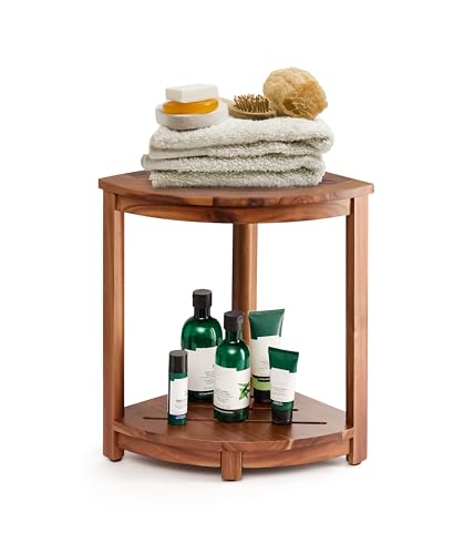 Acacia Corner Shower Bench with Storage Shelf - Waterproof