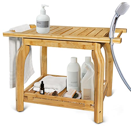 Bamboo 2-Tier Shower Bench with Storage Shelf