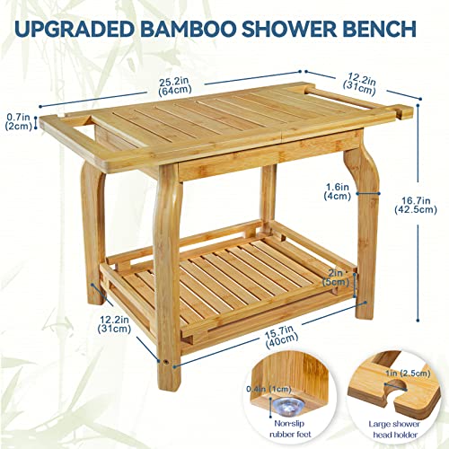 Bamboo 2-Tier Shower Bench with Storage Shelf