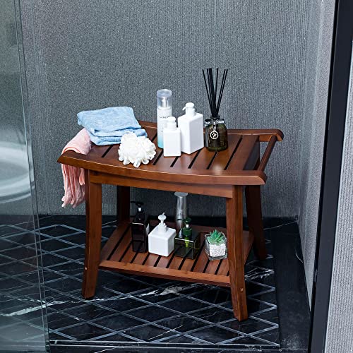 Forevich Bamboo Shower Bench with Storage Shelf Seat