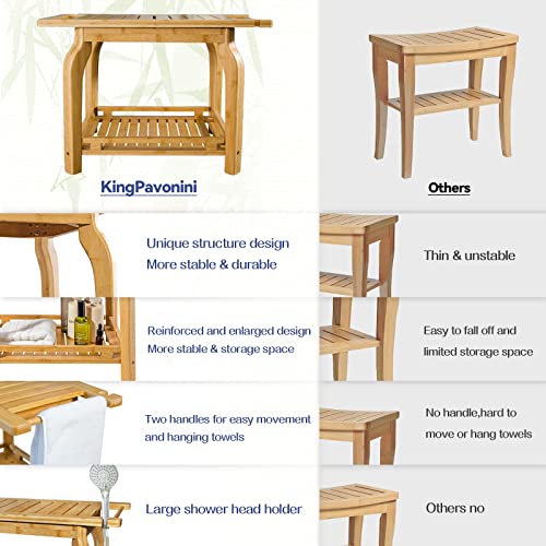 Bamboo 2-Tier Shower Bench with Storage Shelf