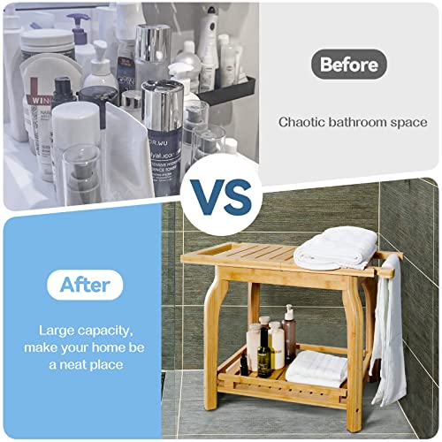Bamboo 2-Tier Shower Bench with Storage Shelf