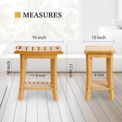 Bamboo Shower Bench with Storage Shelf (Small, Natural)