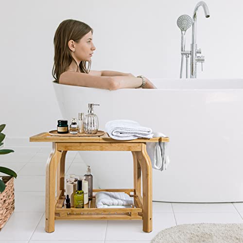 Bamboo 2-Tier Shower Bench with Storage Shelf