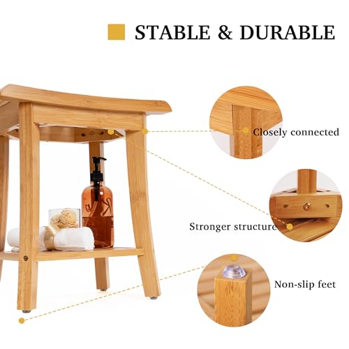 Bamboo Shower Bench with Storage Shelf (Small, Natural)