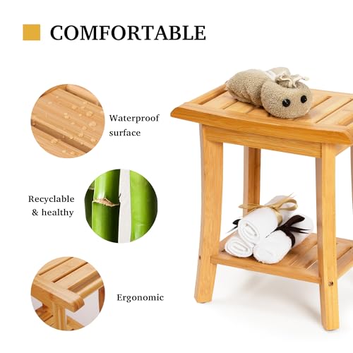 Bamboo Shower Bench with Storage Shelf (Small, Natural)