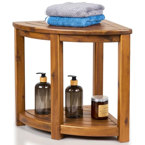 Teak Corner Shower Stool with Storage Shelf