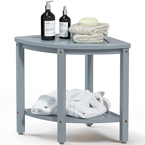 Bamboo Corner Shower Bench with Storage Shelf - Bluish Grey