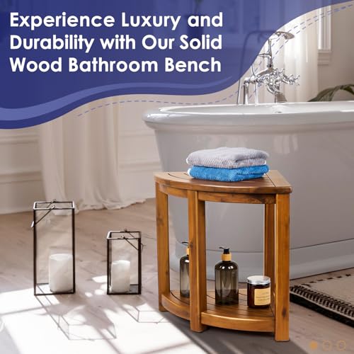 Teak Corner Shower Stool with Storage Shelf