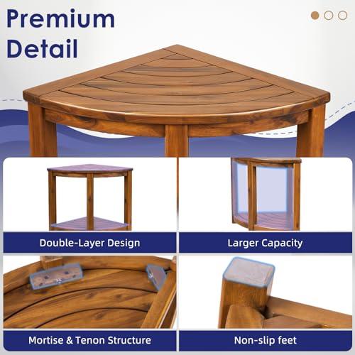 Teak Corner Shower Stool with Storage Shelf