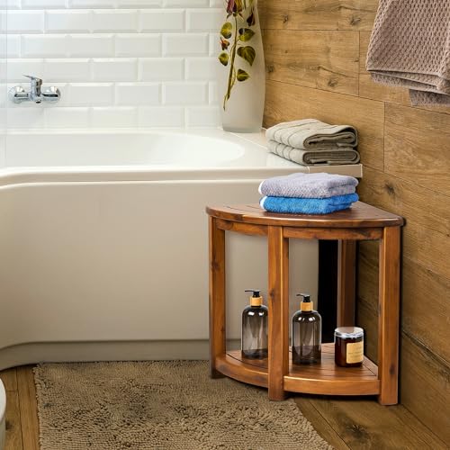 Teak Corner Shower Stool with Storage Shelf