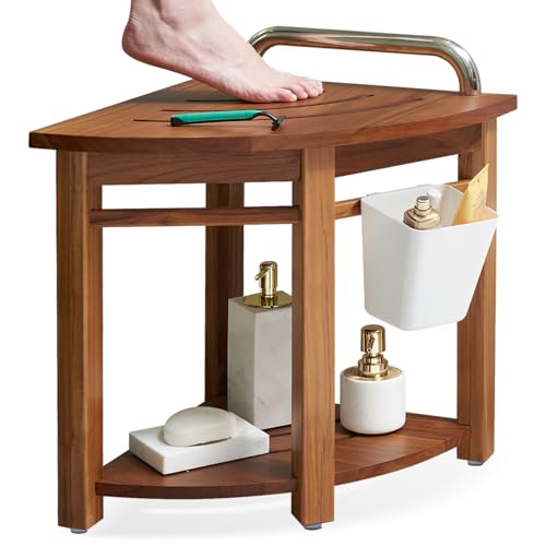 19'' Teak Shower Bench with Handle, Corner Stool