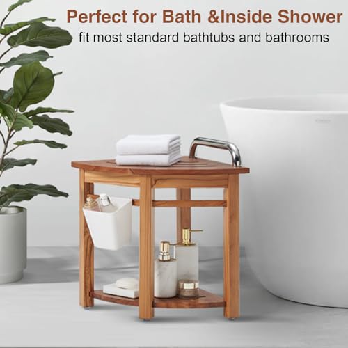 19'' Teak Shower Bench with Handle, Corner Stool