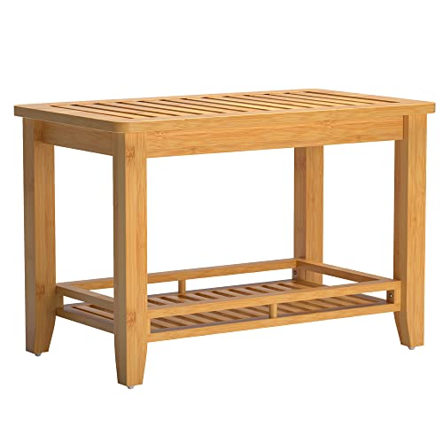 Bamboo Shower Bench Stool with Storage Shelf & Seat