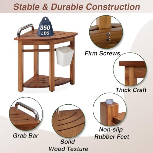19'' Teak Shower Bench with Handle, Corner Stool