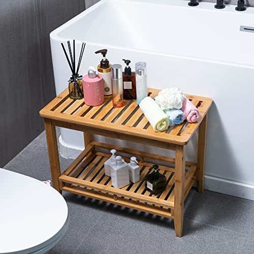 Bamboo Shower Bench Stool with Storage Shelf & Seat
