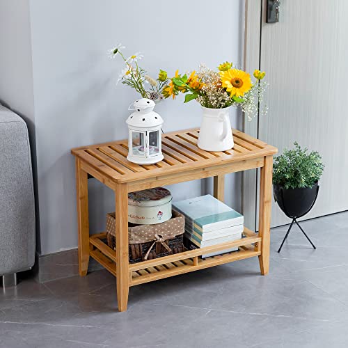 Bamboo Shower Bench Stool with Storage Shelf & Seat
