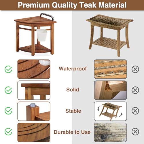 19'' Teak Shower Bench with Handle, Corner Stool