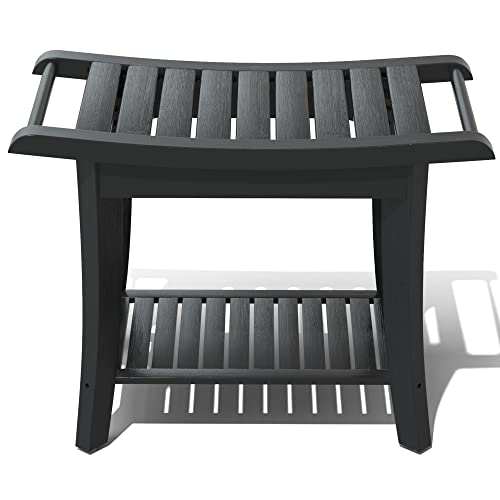 Bamboo Shower Stool Bench with Storage, Waterproof - Black