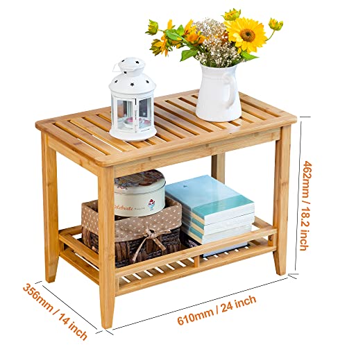 Bamboo Shower Bench Stool with Storage Shelf & Seat