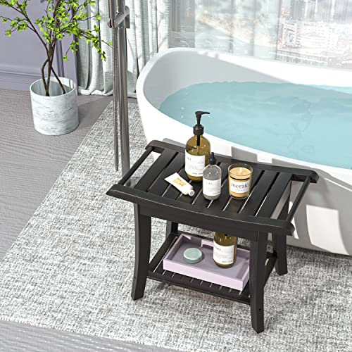 Bamboo Shower Stool Bench with Storage, Waterproof - Black