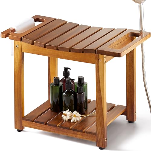 Blue Wood Shower Bench with Storage and Handle